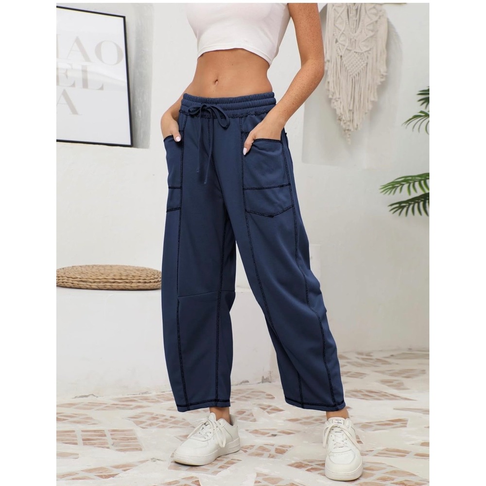 Athlisan Womens Baggy Barrel Pants Wide Leg Lounge Drawstring Sweatpants Navy S - Picture 2 of 5